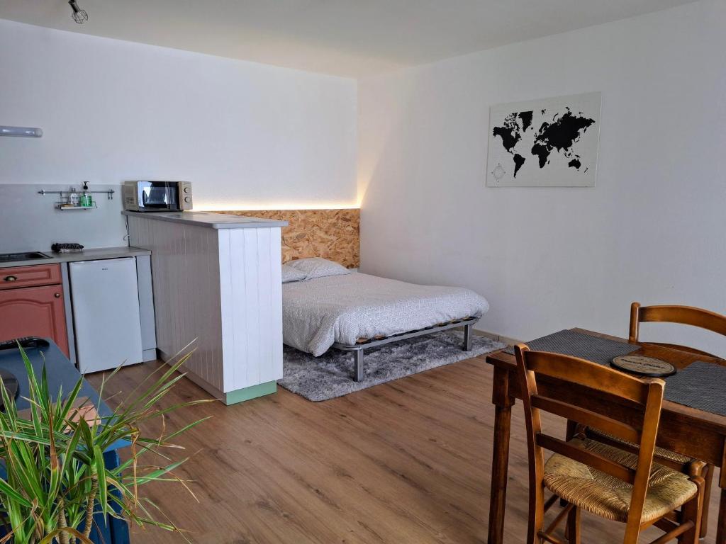 a small room with a bed and a table at Appartement centre-ville in Aurillac