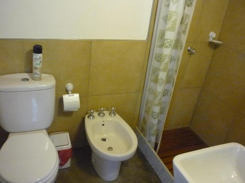 a bathroom with a toilet and a shower and a sink at Cabañas Aire Fresco in Mar del Plata
