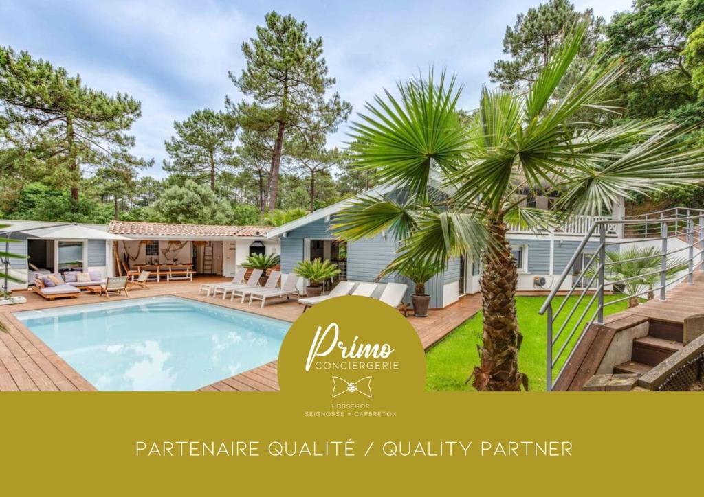 une villa avec piscine et palmier dans l'établissement Villa Djun Hossegor 4 étoiles, piscine, 12 personnes, à Soorts-Hossegor