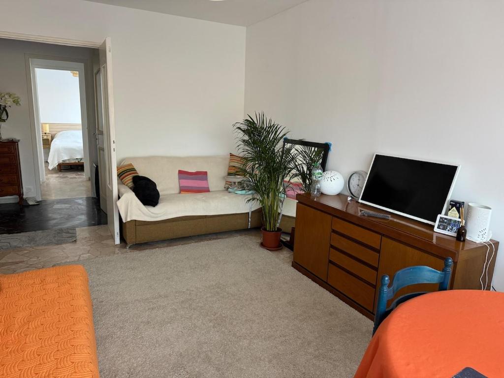 Elle comprend un salon avec un canapé et un bureau avec une télévision. dans l'établissement The holidays that smells of Summer, à Sainte-Maxime