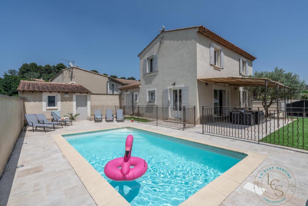 una piscina con un flamenco rosa en una casa en Villa ROMARY Piscine & Proche Centre Saint Rémy de Provence, en Saint-Rémy-de-Provence