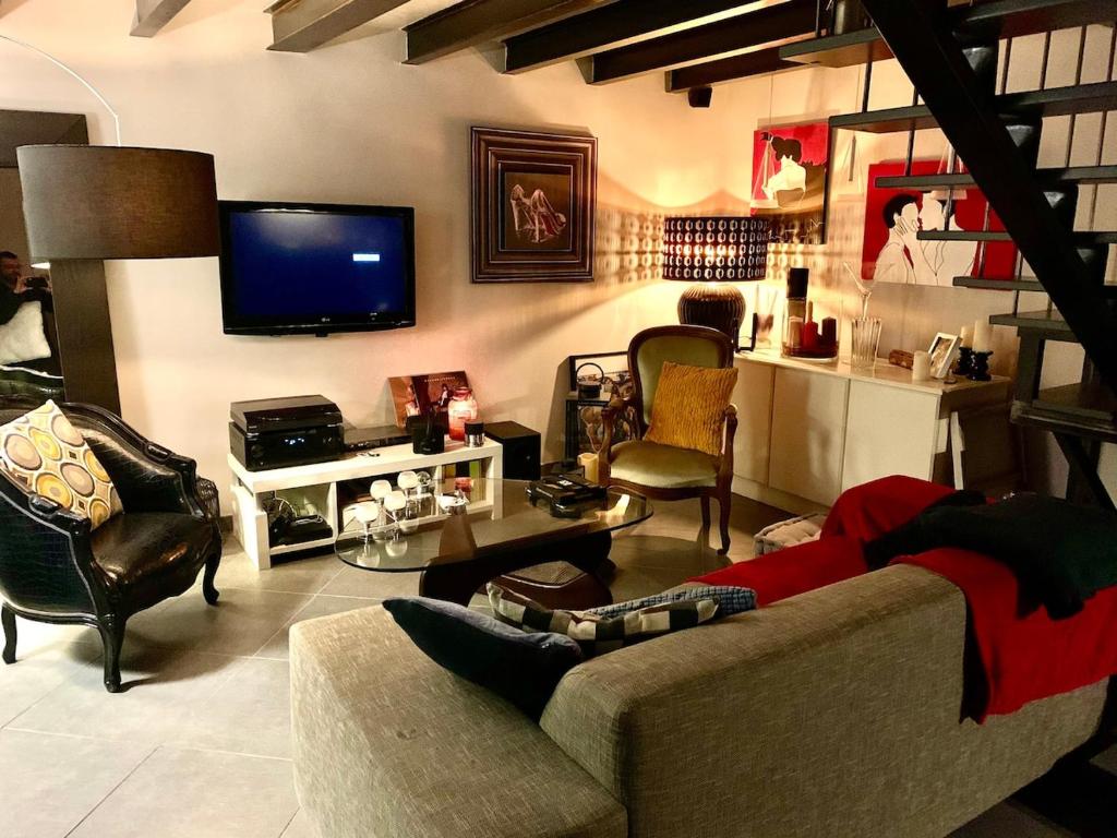 a living room with a couch and a tv at Les lauriers du loft in Pazayac