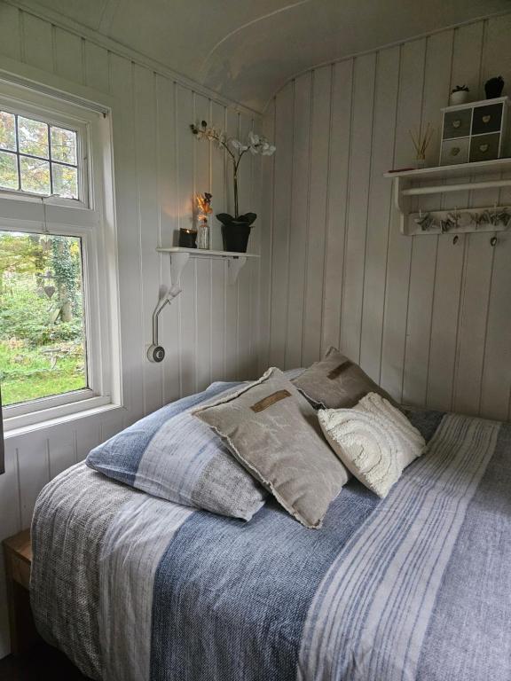 un lit avec deux oreillers dessus dans une chambre dans l'établissement Pipowagen Bijzonder Buitenaf met jacuzzi en sauna, à Vragender