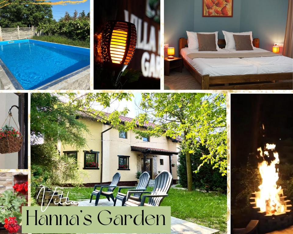 un collage de fotos de un hotel con cama y piscina en Villa Hanna's Garden - Mintia, en Mintia