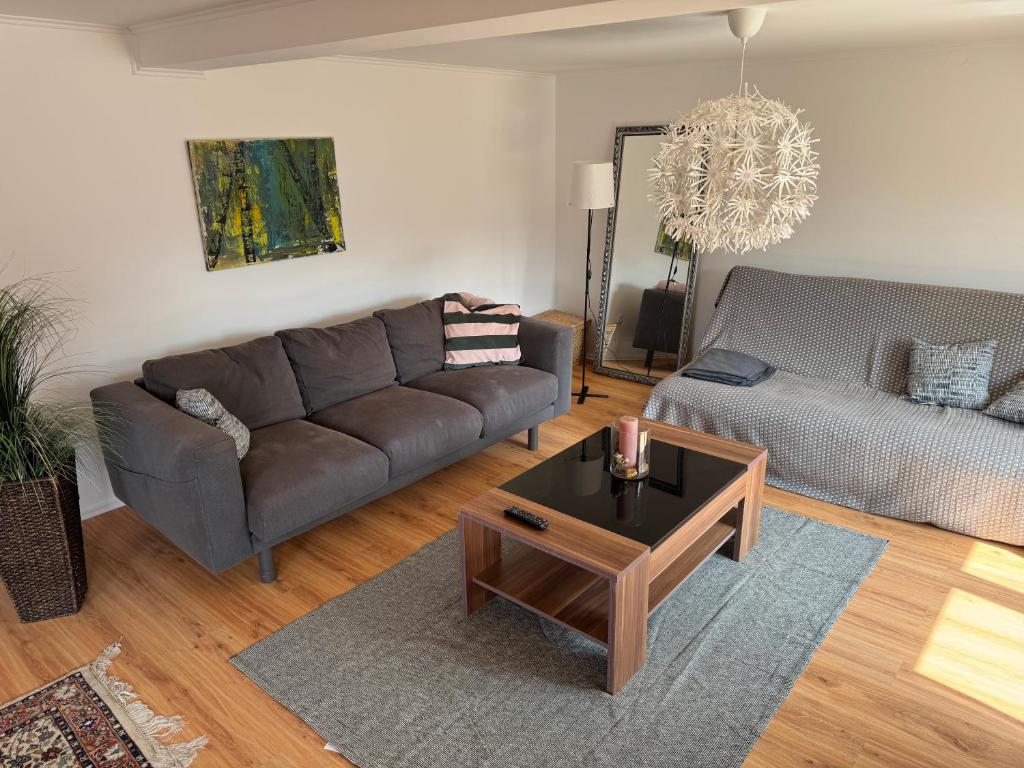 a living room with a couch and a coffee table at Ferienwohnung Odenwald Fernblick in Brombachtal