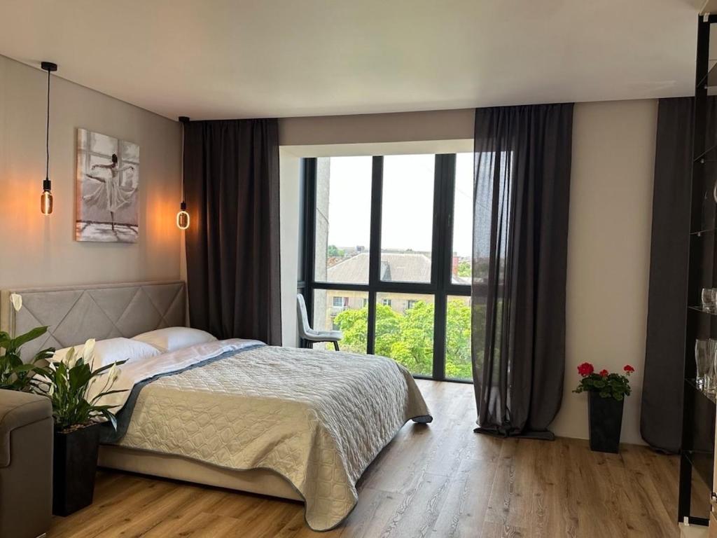 穆卡切沃luxury Apartmens na Duhnovicha , напроти Аквапарка "Карпатія"的一间卧室，里面有一张床和一扇大窗户。