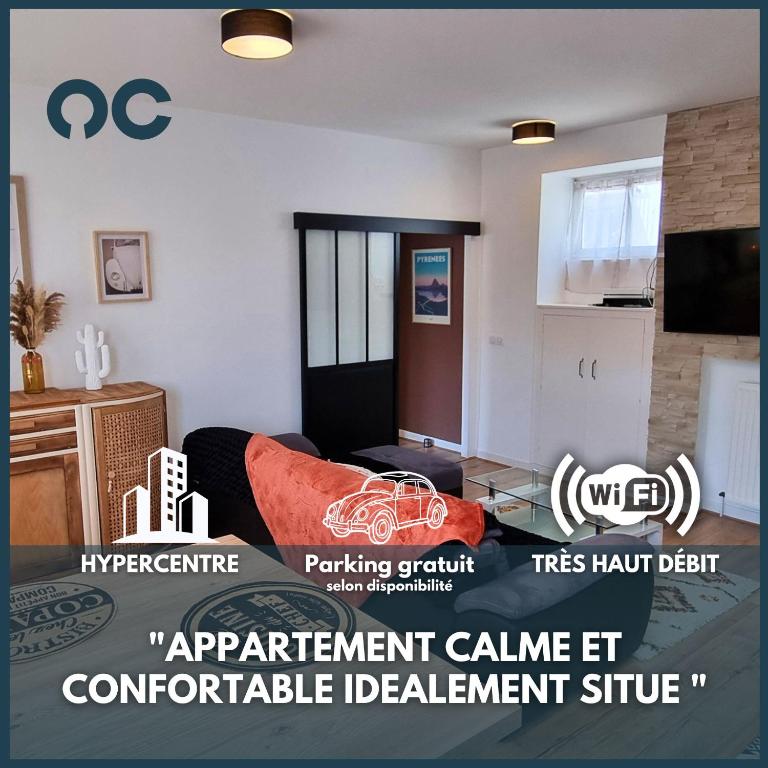 une image d'un salon avec un panneau de dégagement d'appartement dans l'établissement Le 42, très bel appartement - Hyper centre - Calme, à Pau
