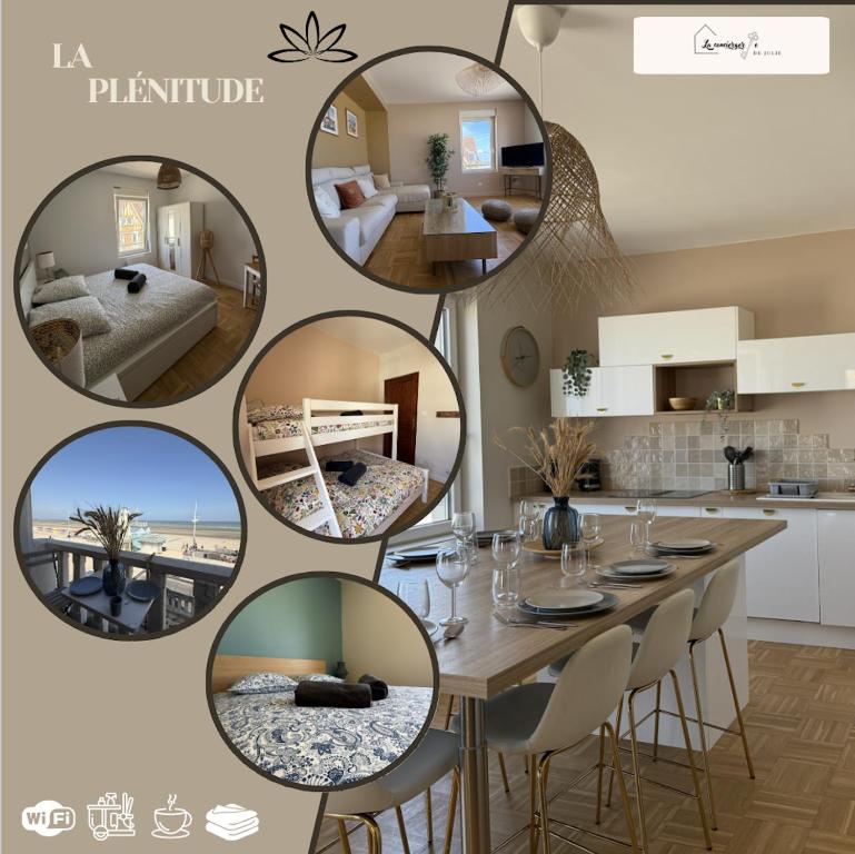 eine Collage mit Fotos von einer Küche und einem Esszimmer in der Unterkunft La Plénitude face à la mer in Dunkerque