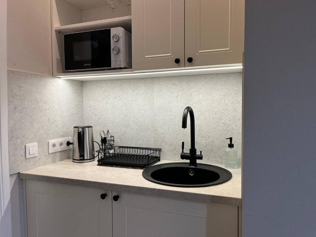 a kitchen counter with a sink and a microwave at Lucky Apartmens in centre Lviv in Lviv