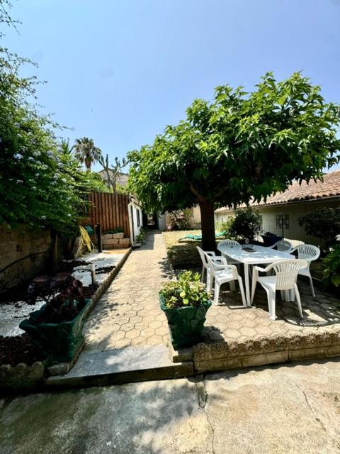a patio with a table and chairs under a tree at Maison avec jardin et proche mer in Propriano