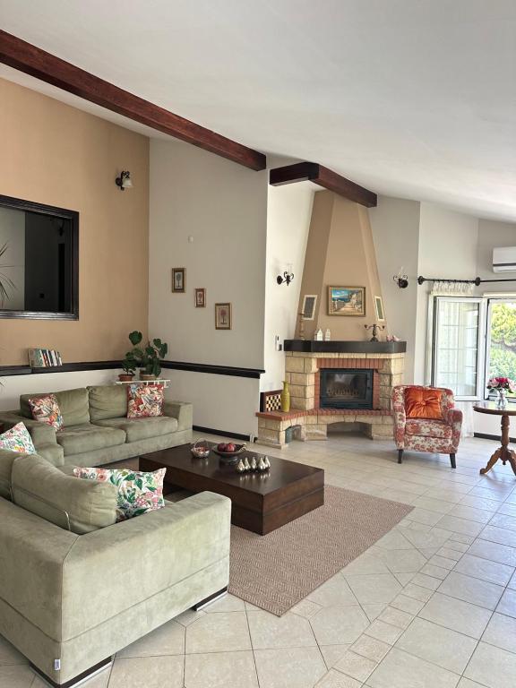 un salon avec deux canapés et une cheminée dans l'établissement Villa Palm Foçaköy, à Foça