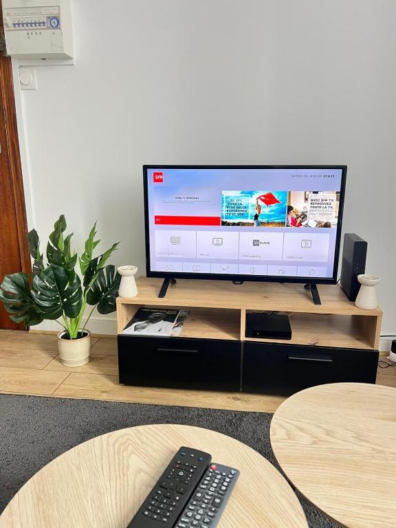 - une télévision à écran plat installée sur un centre de divertissement en bois dans l'établissement Monaco for 2 peoples, à Montargis