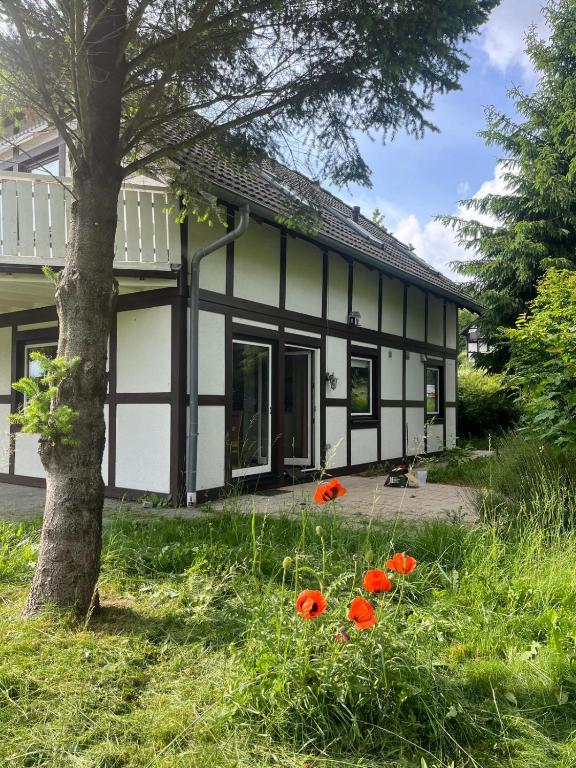 a house with red flowers in front of it at Haus Waldzeit, inclusief bedlinnen handdoeken en eindservice in Frankenau