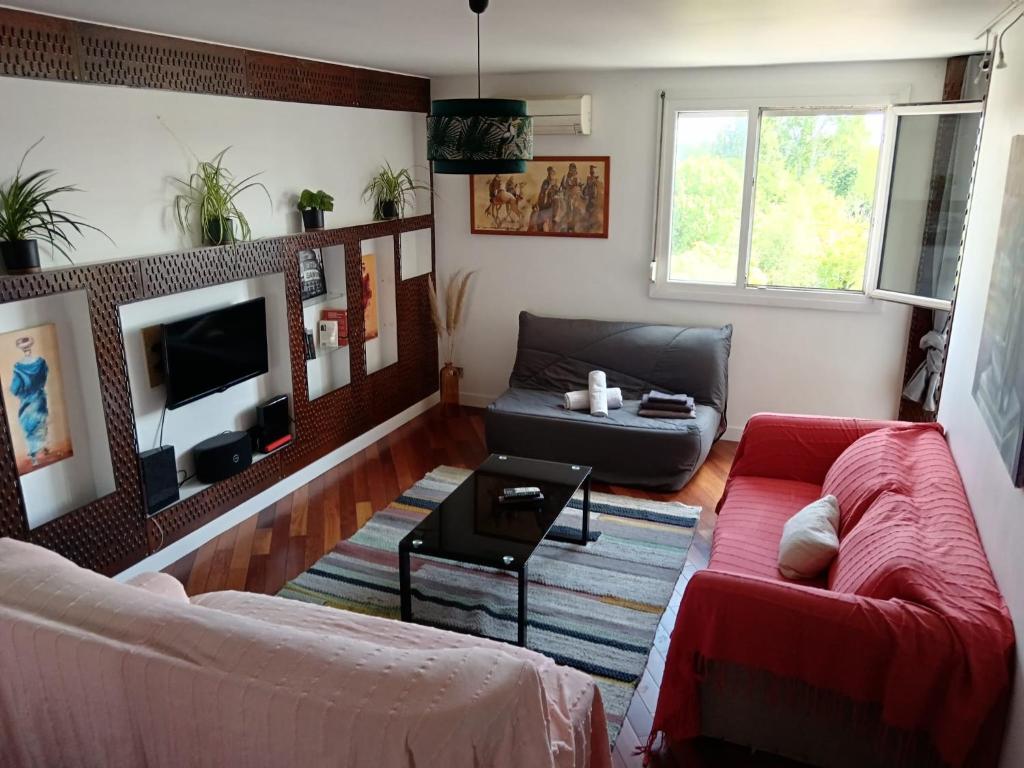 un salon avec un canapé et une télévision dans l'établissement Cosy et spacieux - Caluire et cuire, à Caluire-et-Cuire