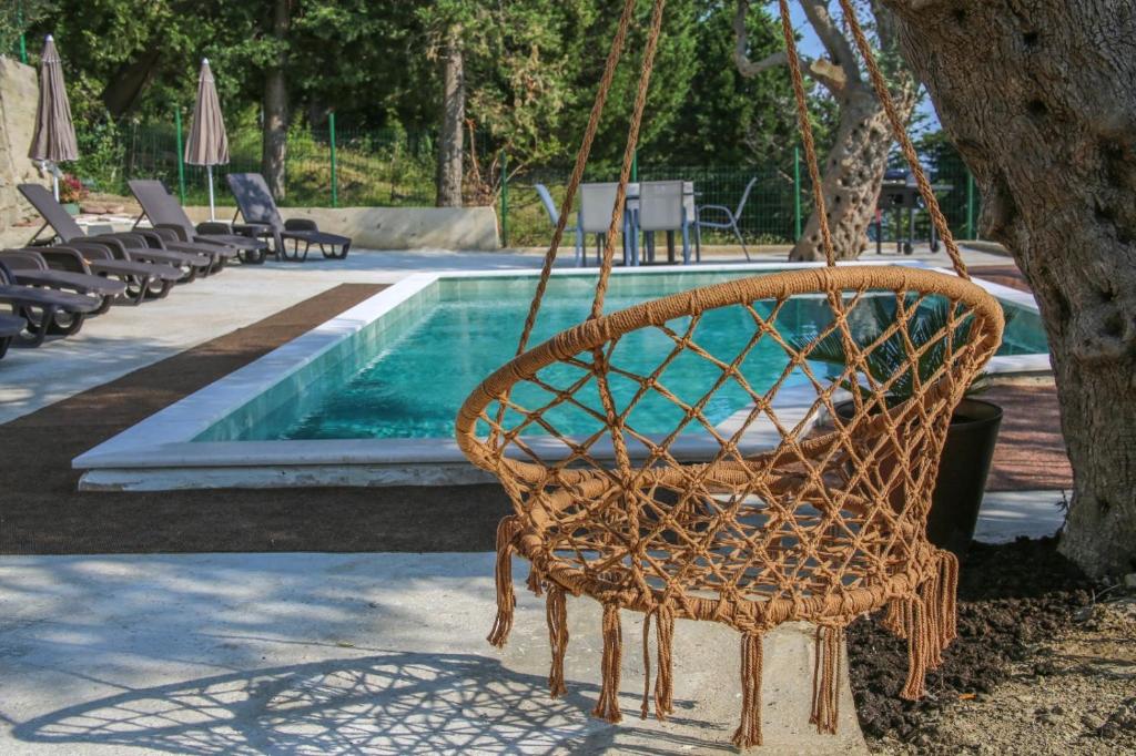 a swinging chair in front of a swimming pool at Olive Grove in Bar