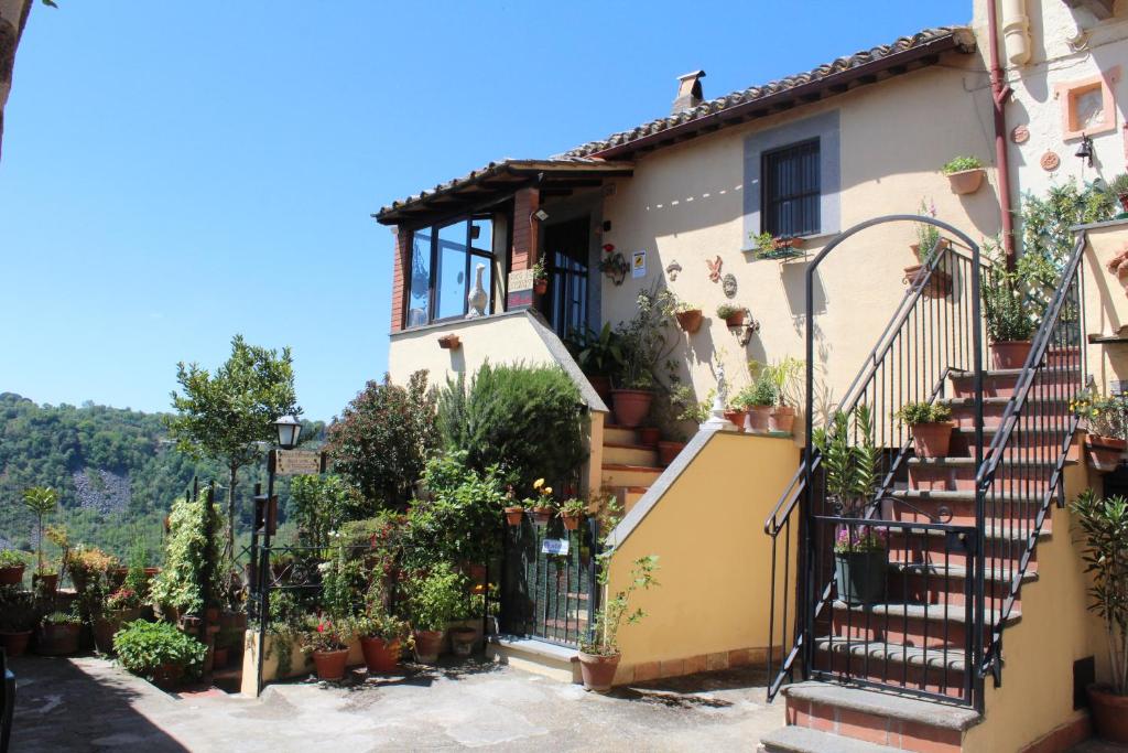 una casa con escaleras y macetas en B&B Bellavista, en Bagnoregio