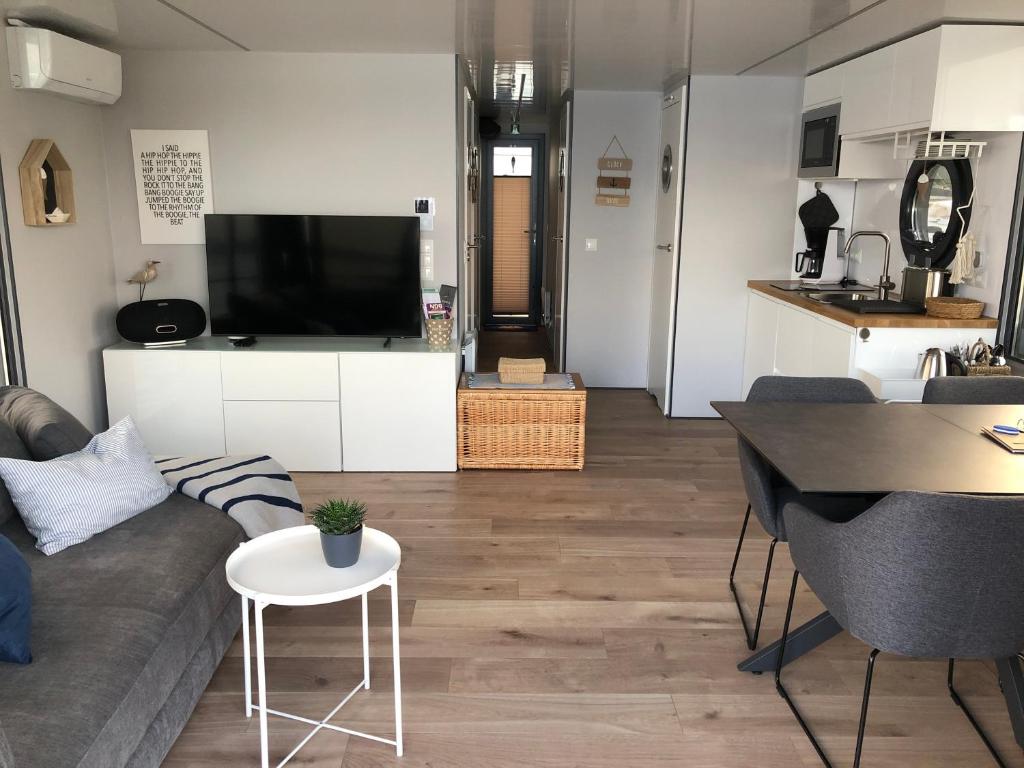 TV a/nebo společenská místnost v ubytování Hausboot Fjord Nordstern mit Dachterrasse in Schleswig