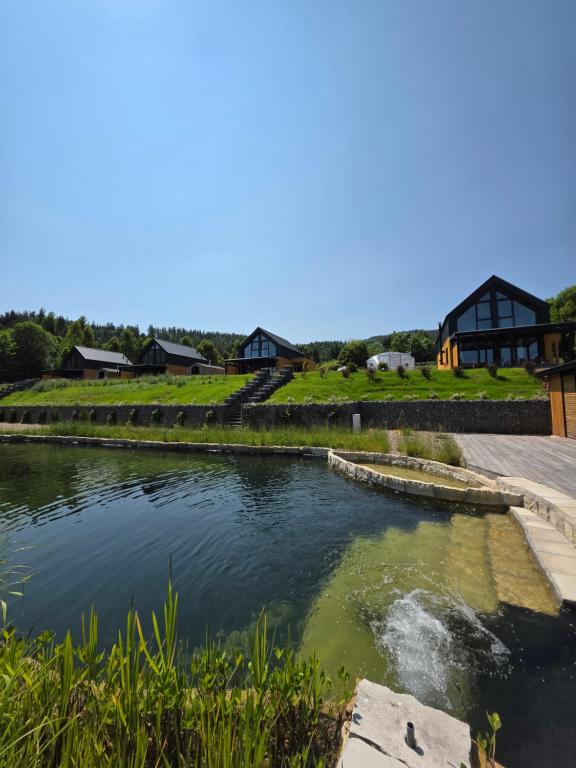 a pond in front of a house at Polana Jelenia Głowa in Wambierzyce