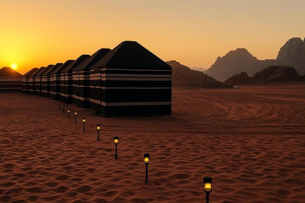 Una hilera de luces en el desierto al atardecer en Salem Rum Tours & Camp, en Wadi Rum