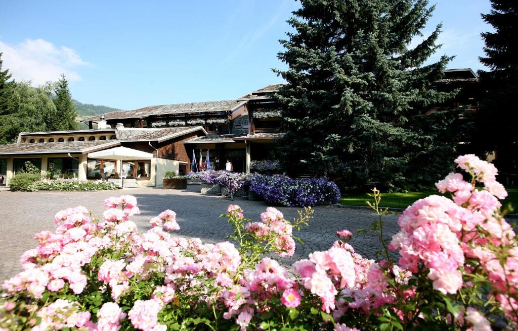 un gruppo di fiori rosa di fronte a un edificio di Palace Hotel Wellness & Beauty a Bormio