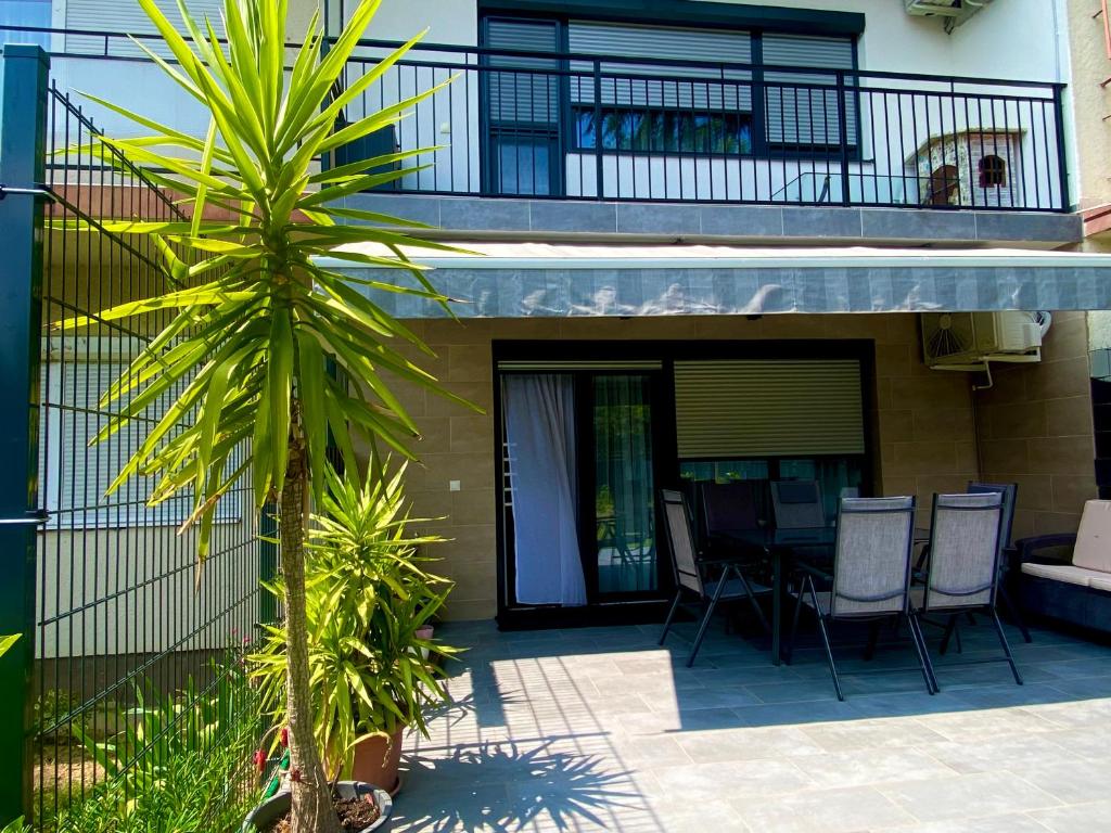 a patio with chairs and a table and a palm tree at Mark Apartman in Balatonszárszó