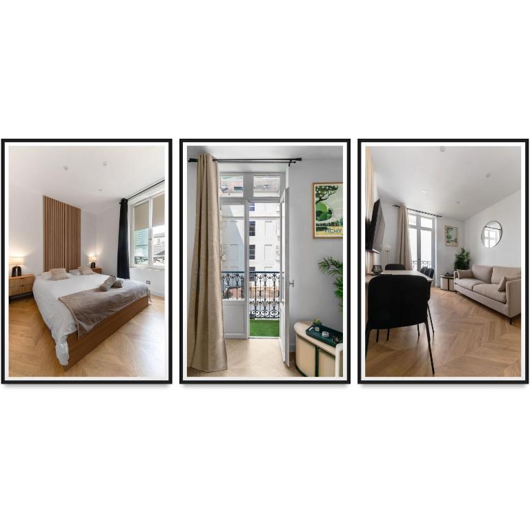 trois photos d'une chambre et d'un salon dans l'établissement Chez Virginie Triangle d'Or, à Vichy