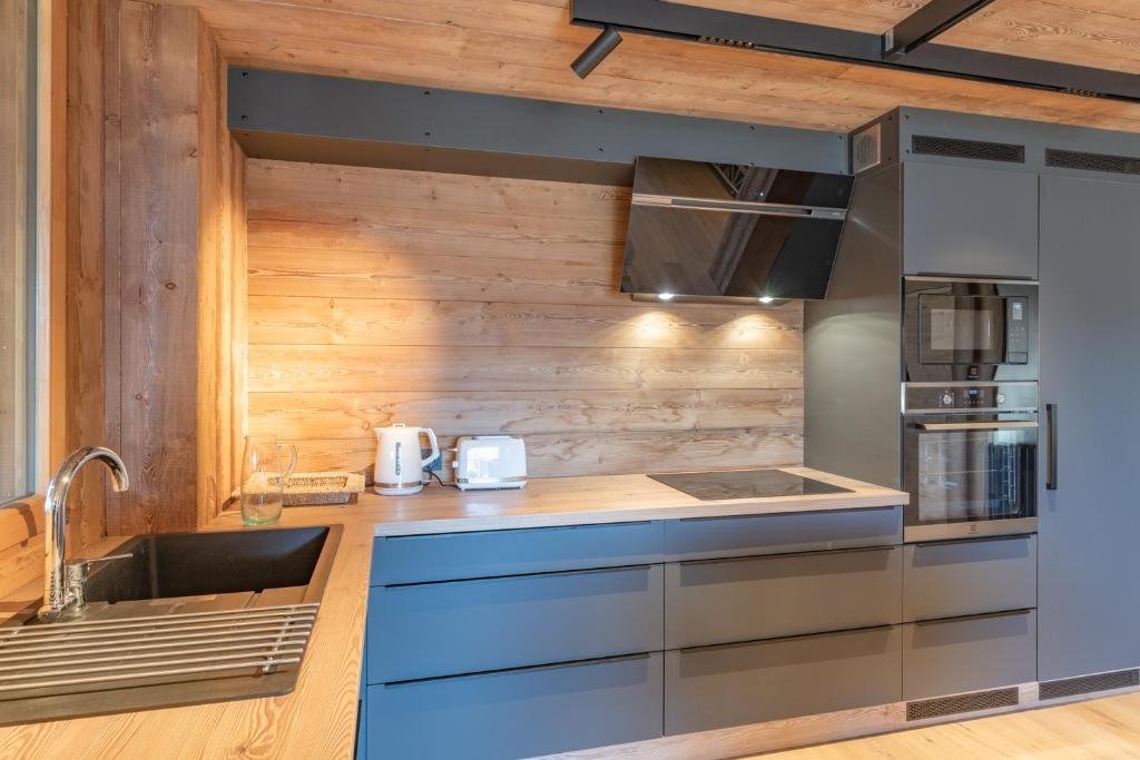 une cuisine avec un évier et une cuisinière four supérieur dans l'établissement Sous les toits, grand standing pour 4/5 Sauna, Fitness, Babyfoot, à L'Alpe-d'Huez