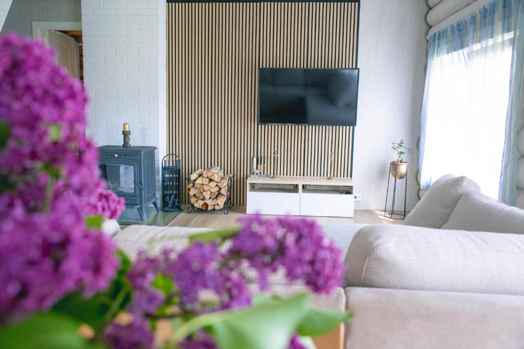 a living room with a television and purple flowers at Baurine Puhkemaja in Aseri