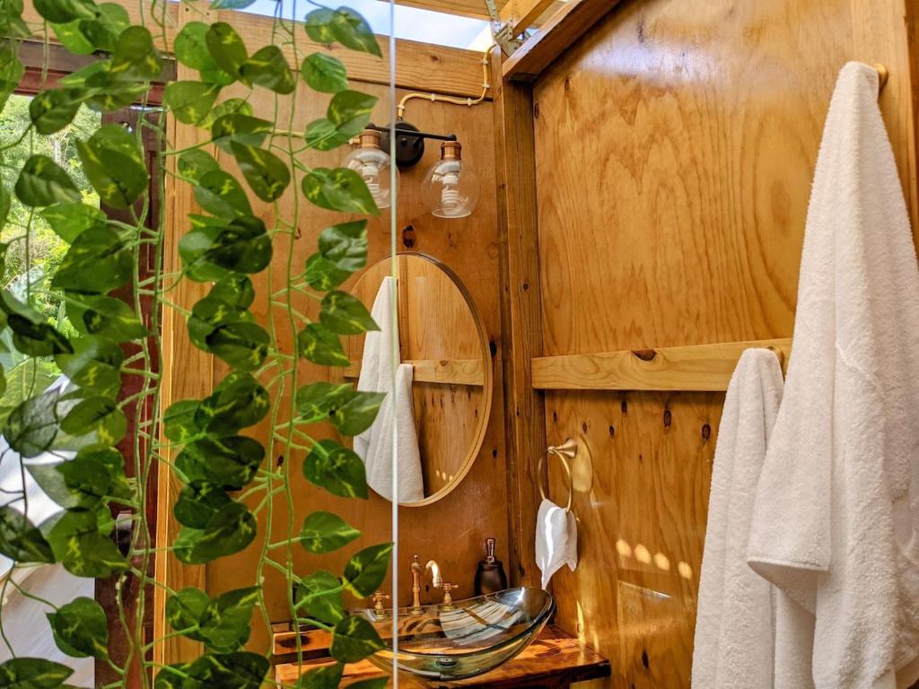 a bathroom with a mirror and a sink at Sierra Linda Glamping in Aibonito