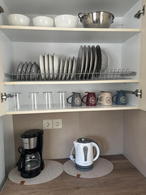 a shelf with plates and cups and a coffee maker at Nefeli's Hut in Mytilene
