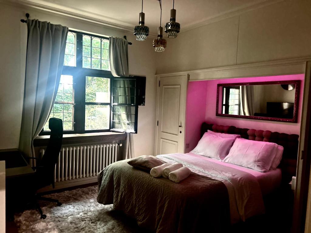 1 dormitorio con cama rosa y ventana en Luxury apartment for 4 with a kitchen access and a private terrace, en Diest
