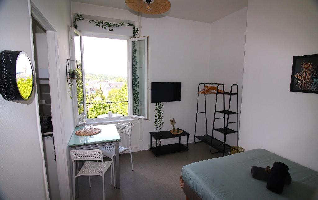 ein Schlafzimmer mit einem Bett, einem Schreibtisch und einem Fenster in der Unterkunft L'Escale Botanique in Évreux