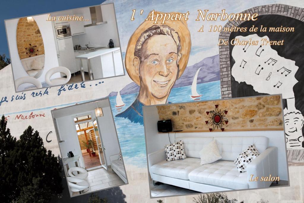un collage de photos d'une maison avec une fresque murale dans l'établissement Apartment with large terrace, ground floor, à Narbonne