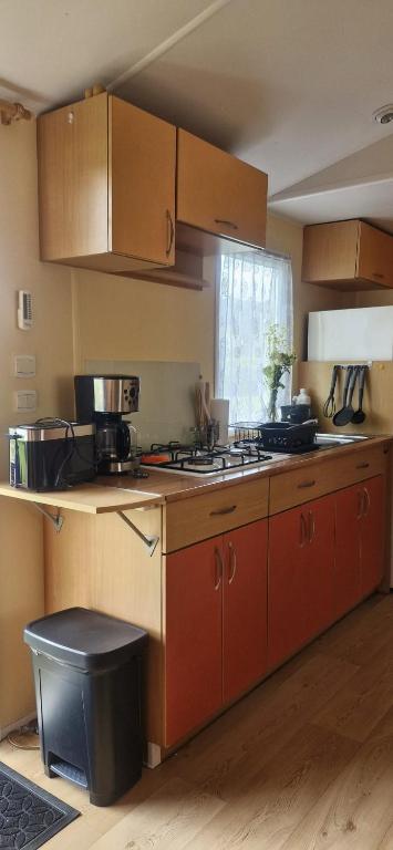een keuken met houten kasten en een aanrecht bij Camping Baroudeurs in Lagraulière