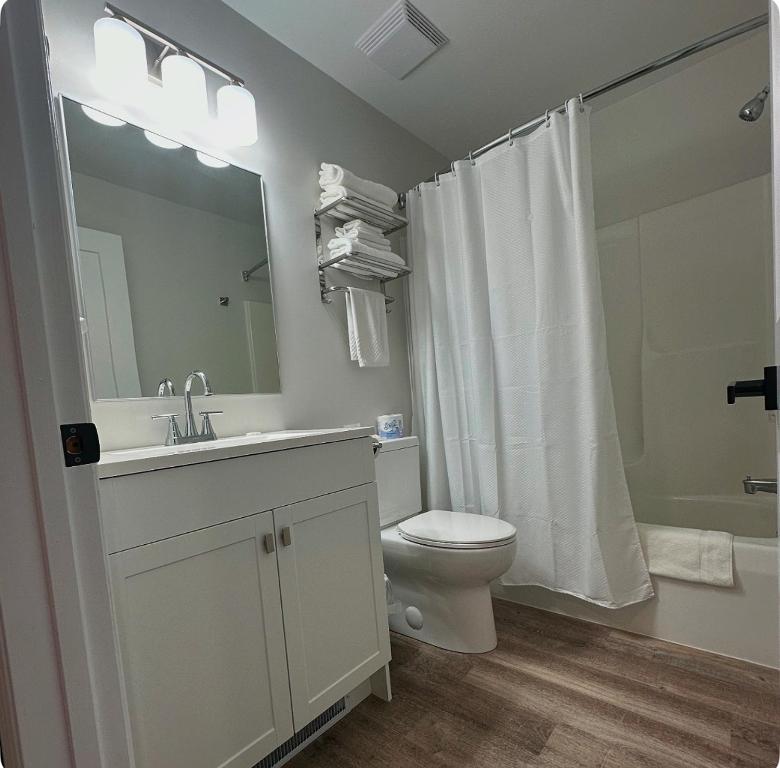 un bagno con wc, lavandino e doccia di Manitoulin Inn a Mindemoya