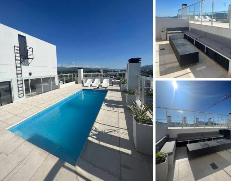 a collage of pictures of a swimming pool on a building at Departamento Confort AVI in Salta