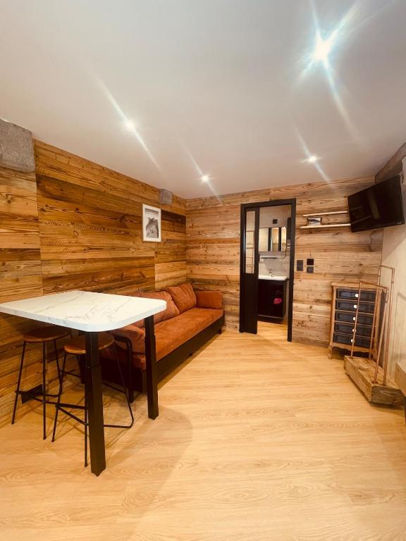 un salon avec un canapé et une table dans l'établissement La Cachette du Prince Parking included, à Chambéry