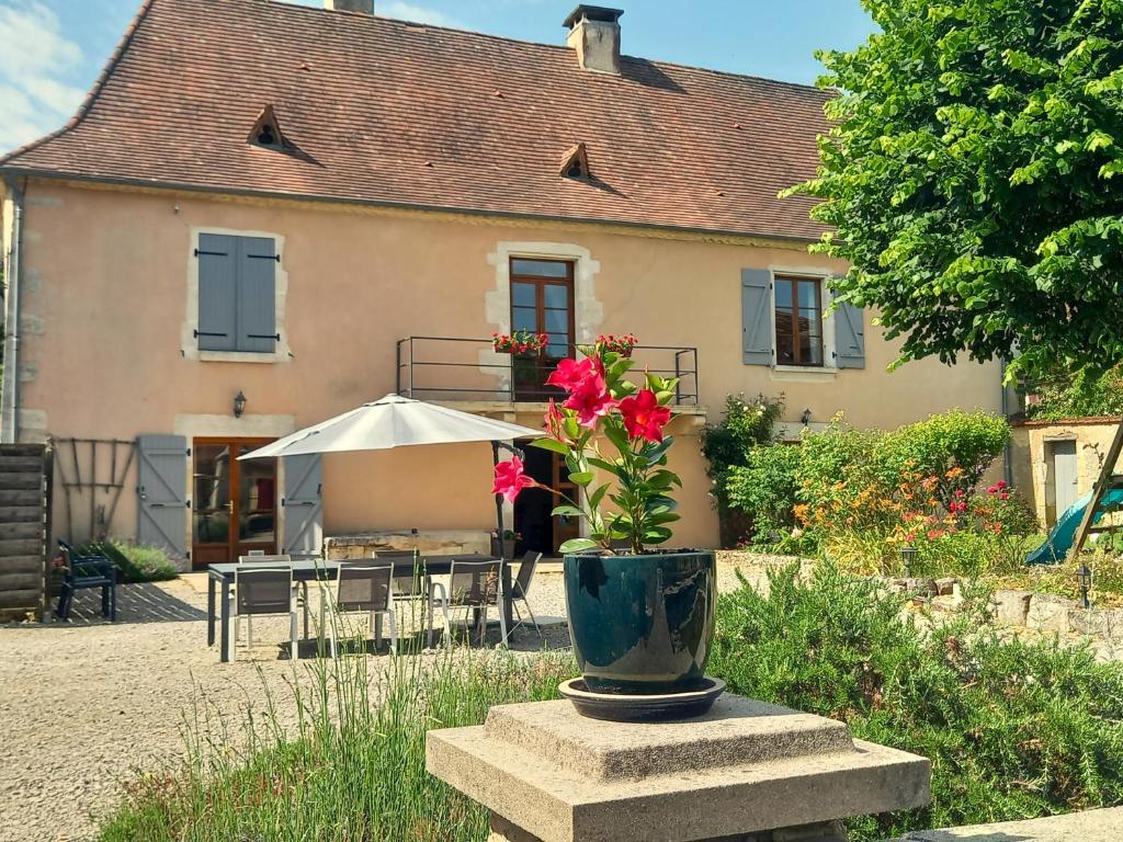 a house with a vase with flowers in front of it at Au pays de Jacquou : Chambre d’hôtes et table d’hôtes in Fossemagne