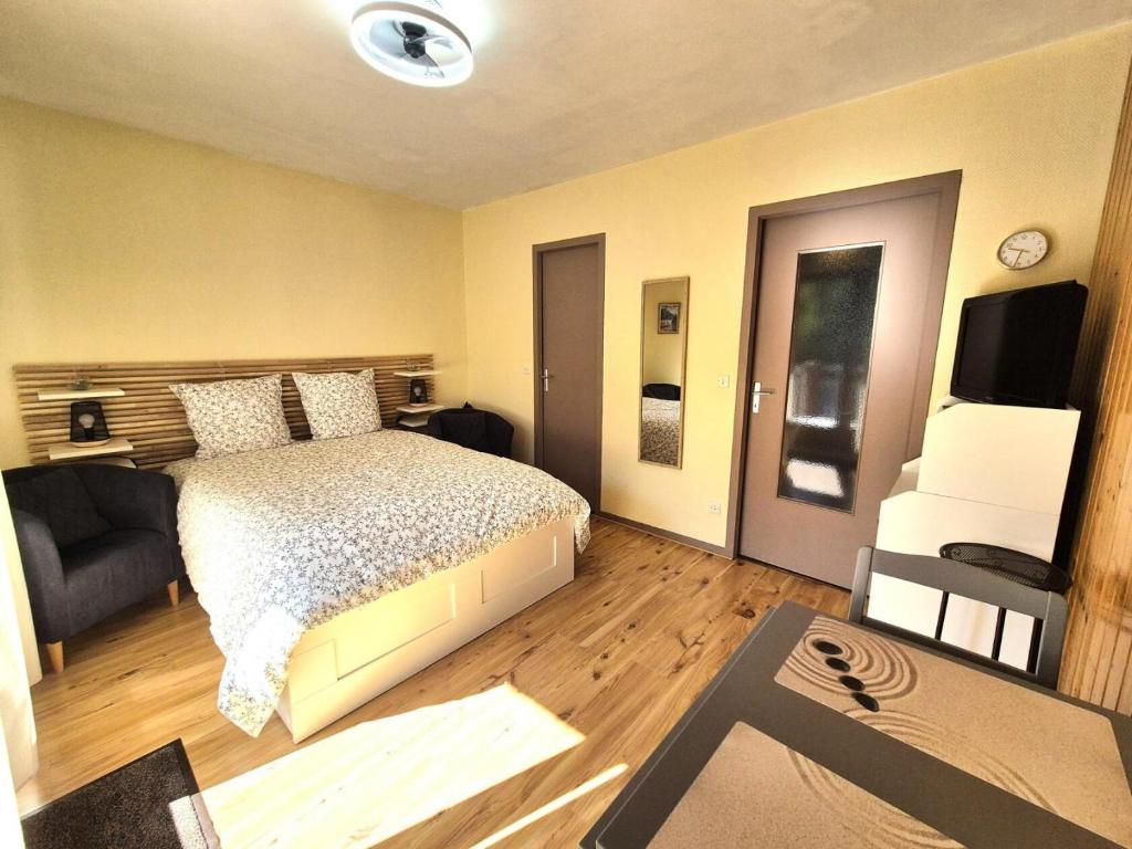 une chambre avec un lit, un canapé et une télévision dans l'établissement Résidence Le Saint Charles A - Studio idéalement bien situé à 50 m des Thermes Chevalley ! MAE-1223, à Aix-les-Bains
