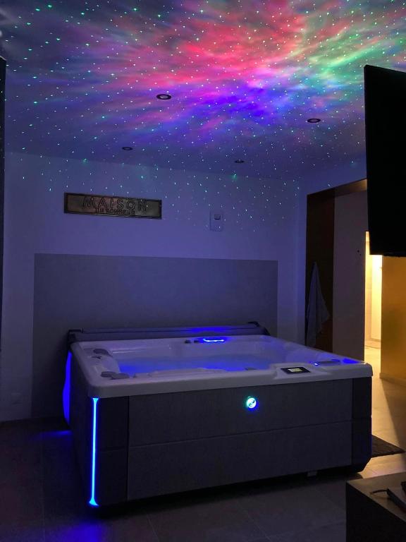 une chambre avec un lit avec un plafond coloré dans l'établissement Hébergement-spa-Roeux, à Roeux