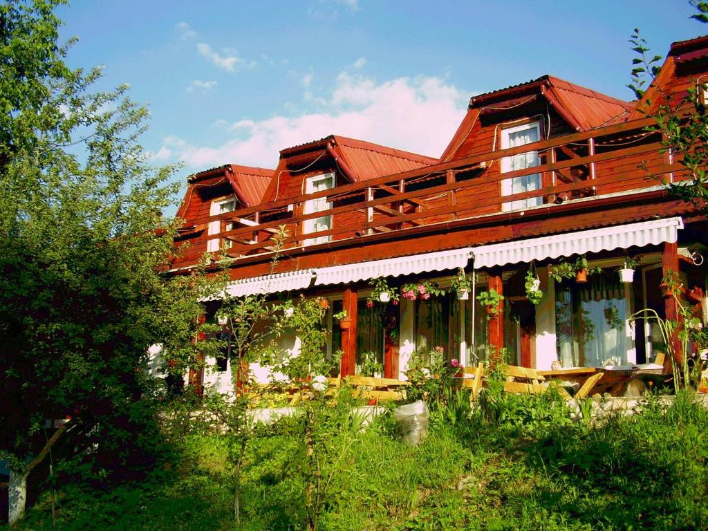 a large wooden house with a red roof at Pension Bran Ioana in Bran