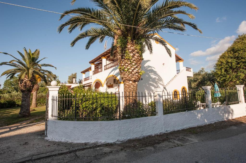 a white house with a palm tree in front of a fence at Villa Sofia in Acharavi