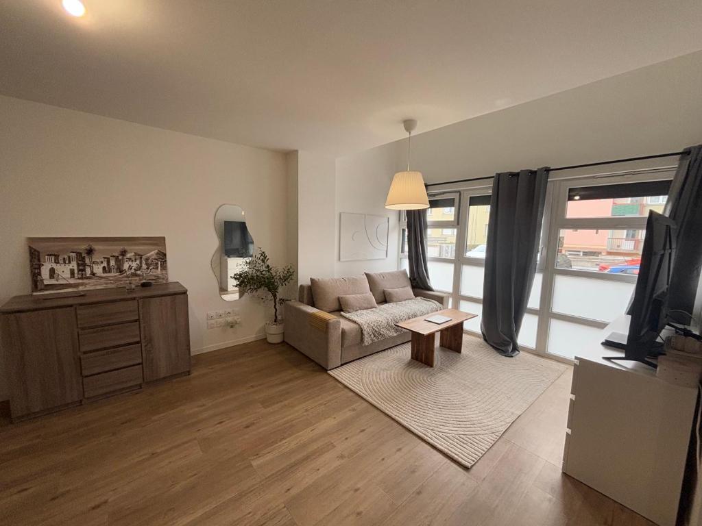 un salon avec un canapé et une télévision dans l'établissement Studio lumineux 45m2, à Annemasse