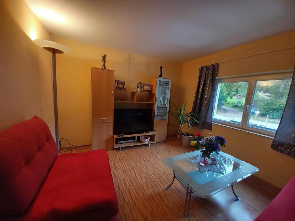 un salon avec un canapé et une table basse dans l'établissement Holiday Home Lorraine near Saint Quirin Lakes, cleaning included, à Saint-Quirin