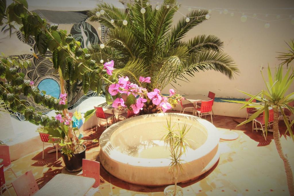 Zimmer mit einer Badewanne mit Blumen und Pflanzen in der Unterkunft Hostel The White Butterfly in Lagos