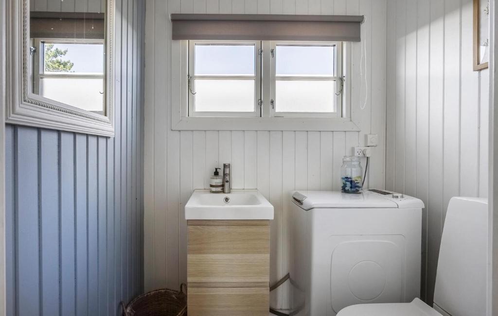 a bathroom with a toilet and a sink and two windows at Nice Home In Haderslev With Wifi in Haderslev
