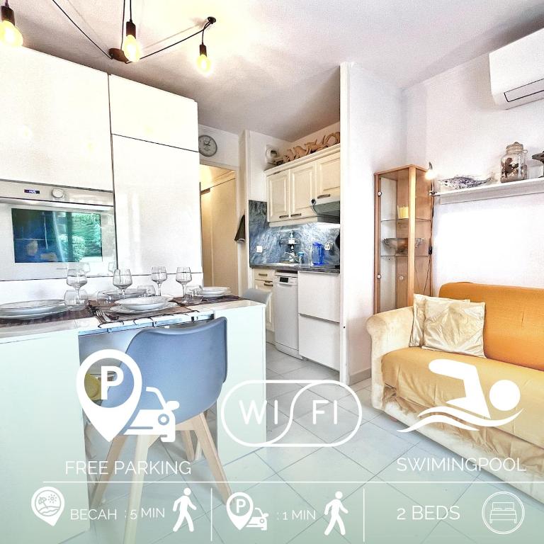 un rendu d'une cuisine dans un appartement dans l'établissement Rez de jardin privatif à 150m de la mer, à Villefranche-sur-Mer