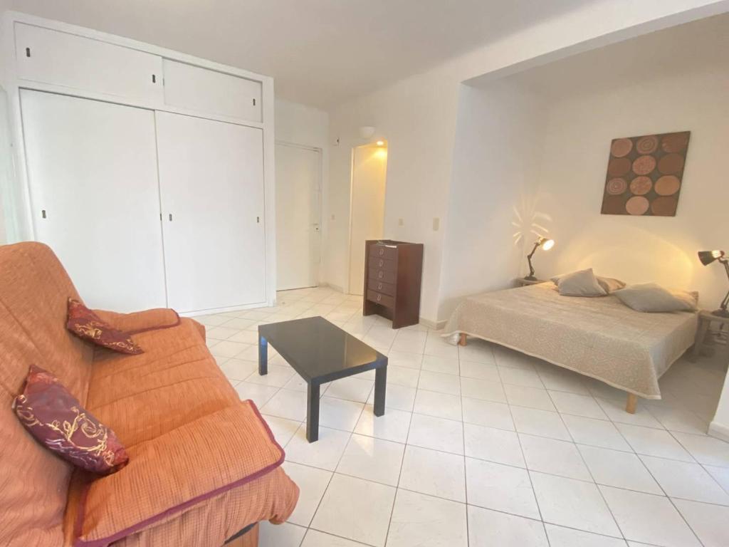 un salon avec un canapé et un lit dans l'établissement Cannes proche Croisette - Studio balcon vue sur jardin, à Cannes