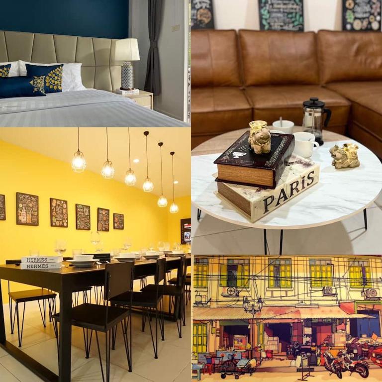 a collage of pictures of a room with a dining room at BTS Asoke 6bedroom townhouse in Bang Kapi