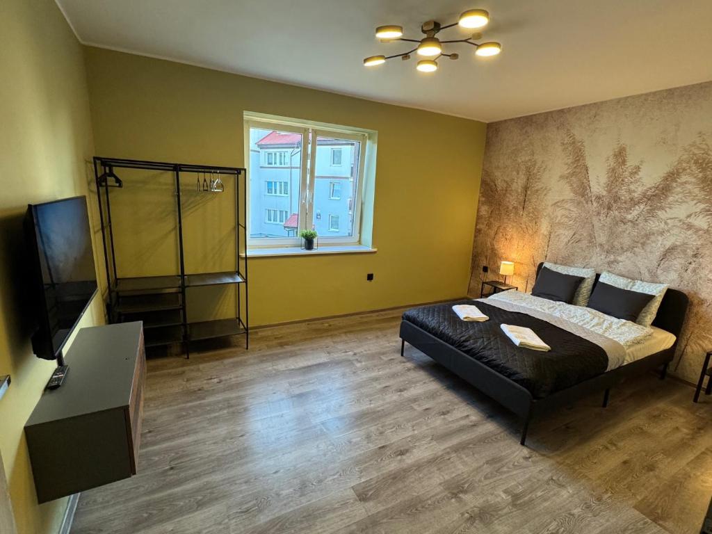 Un dormitorio con una cama y un televisor de pantalla plana. en MorzePort Władysławowo, en Władysławowo